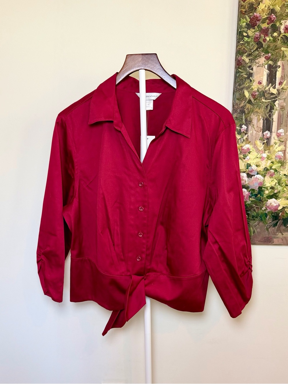 NWT Christopher & Banks Dark Red Cropped Tie-Front Blouse XL